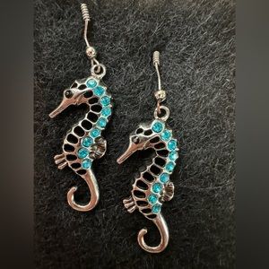 Seahorse silver with blue topaz push through earrings